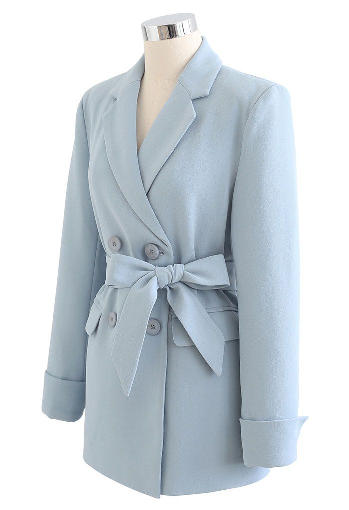 Self-Tied Bowknot Double-Breasted Blazer in Baby Blue