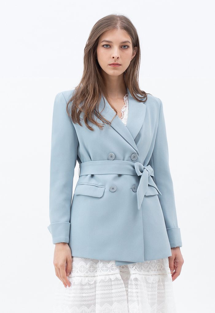 Self-Tied Bowknot Double-Breasted Blazer in Baby Blue
