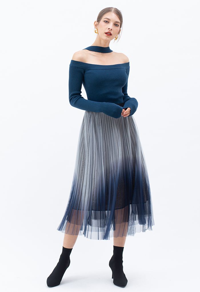 Gradient Mesh Glitter Pleated Midi Skirt in Dusty Blue