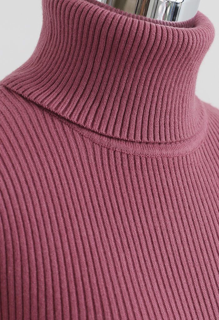 Turtleneck Ribbed Fitted Knit Top in Berry
