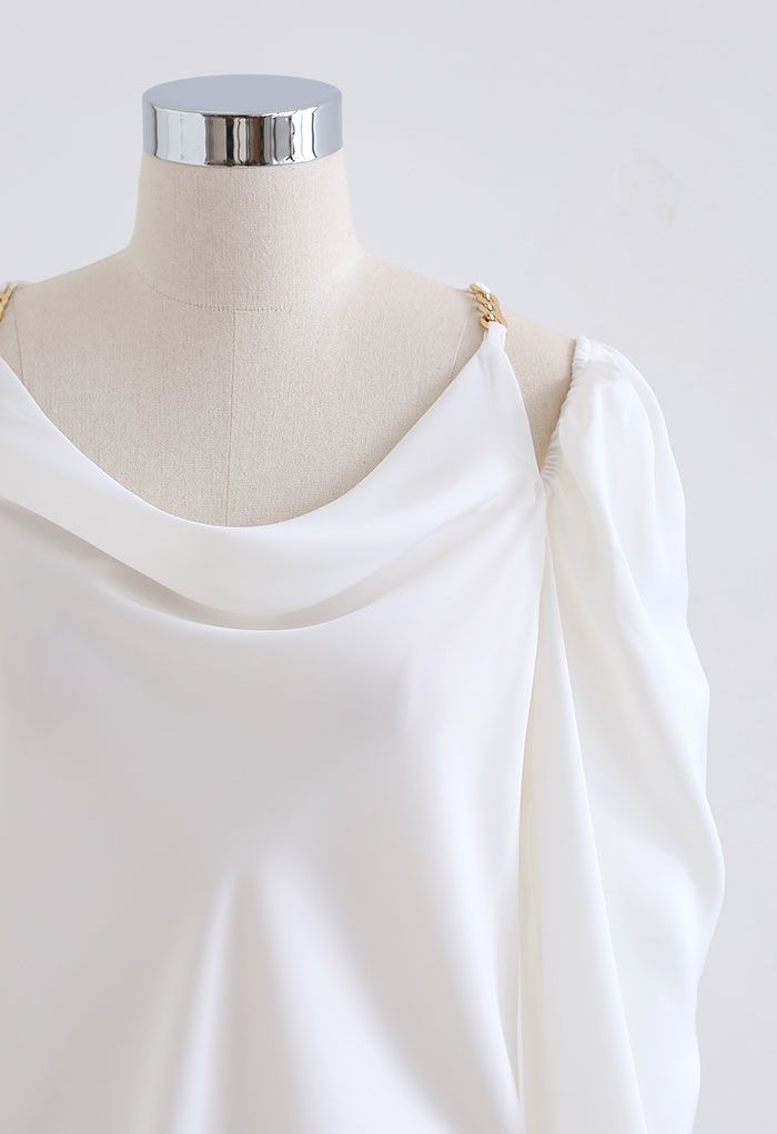 Cutout Shoulder Drape Neck Satin Top in White