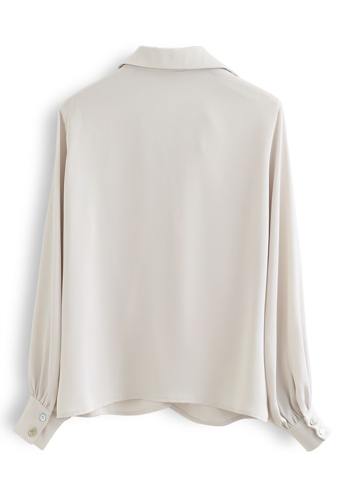 Ruched V-Neck Button Down Satin Top in Ivory