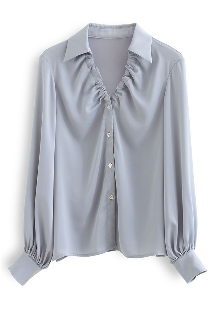 Ruched V-Neck Button Down Satin Top in Dusty Blue