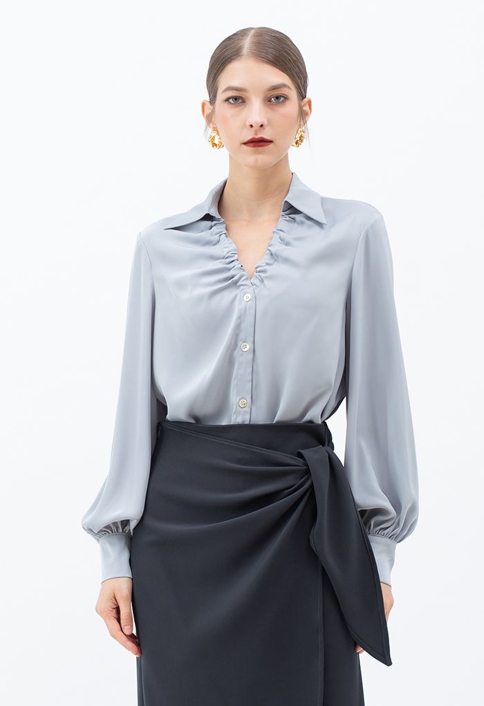 Ruched V-Neck Button Down Satin Top in Dusty Blue