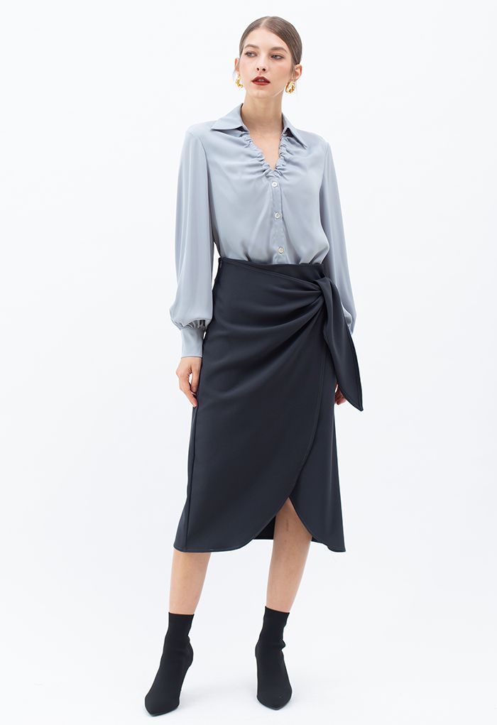 Tie-Knot Waist Flap Midi Skirt in Smoke