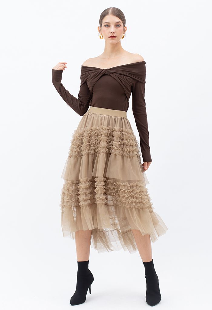Ruffle Tiered Hi-Lo Mesh Tulle Skirt in Tan