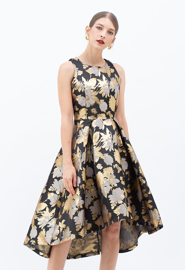 Golden Bouquets Jacquard Waterfall Sleeveless Dress