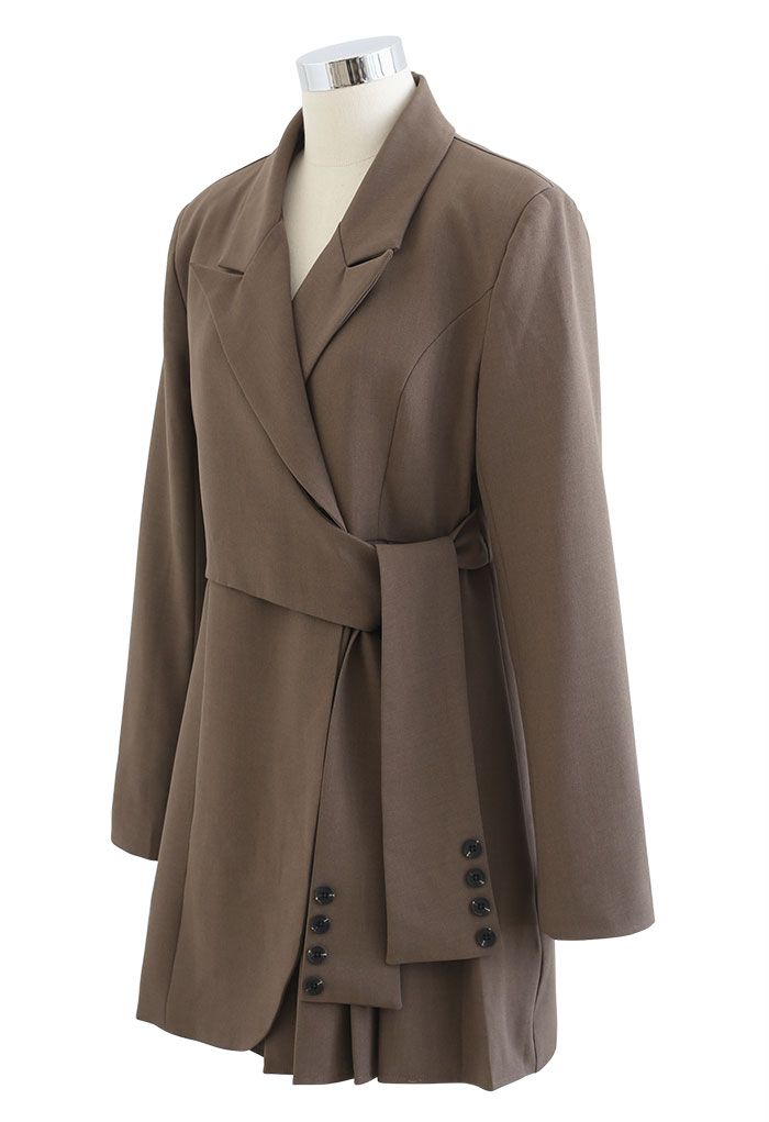 Tie Waist Pleated Pad Shoulder Blazer Dress in Brown