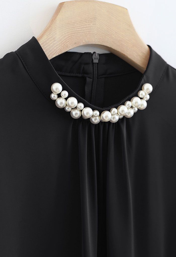 Pearl Embellished Mock Neck Satin Top in Black