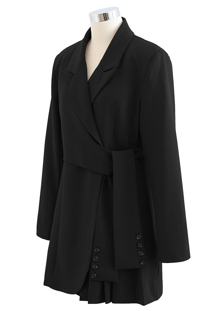 Tie Waist Pleated Pad Shoulder Blazer Dress in Black