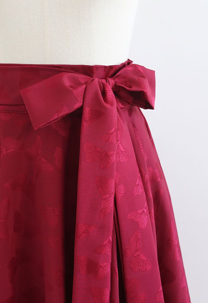 Jacquard Butterfly Bowknot Flare Midi Skirt in Red