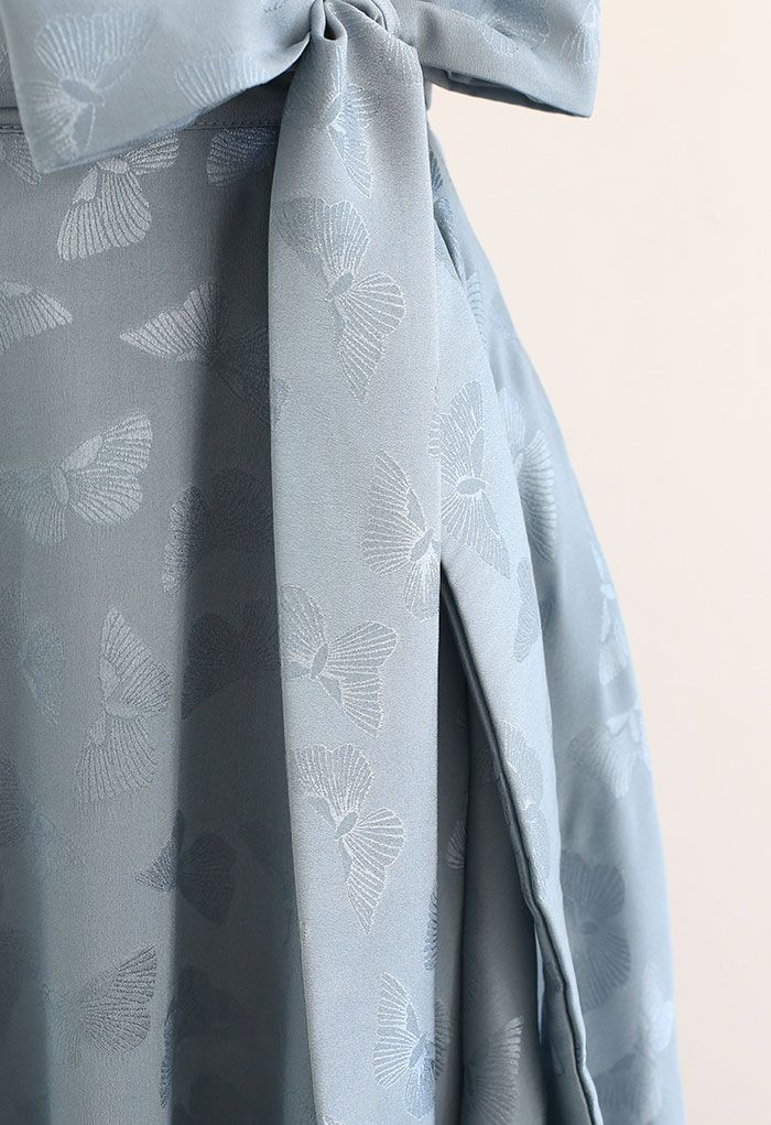 Jacquard Butterfly Bowknot Flare Midi Skirt in Dusty Blue