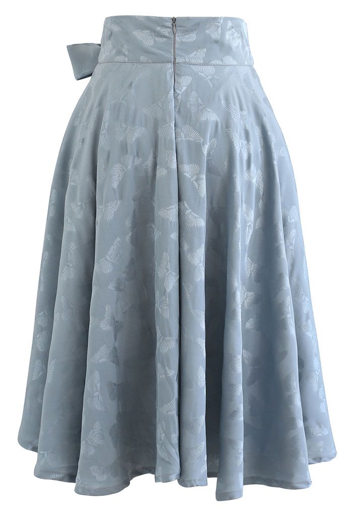 Jacquard Butterfly Bowknot Flare Midi Skirt in Dusty Blue