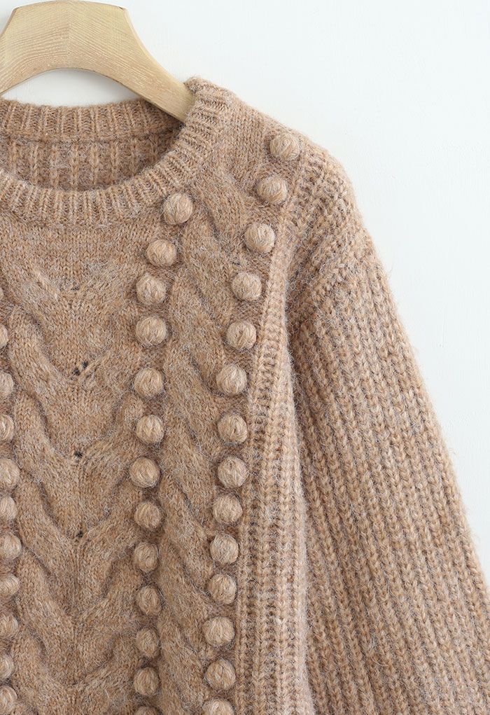 Fuzzy Pom-Pom Ribbed Mix-Knit Sweater in Brown