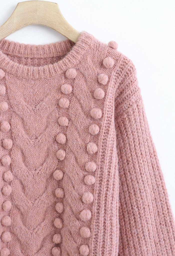 Fuzzy Pom-Pom Ribbed Mix-Knit Sweater in Pink