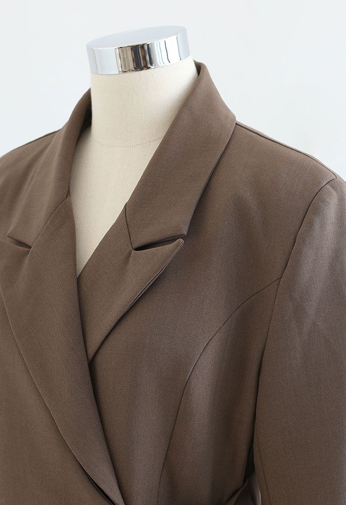 Tie Waist Pleated Pad Shoulder Blazer Dress in Brown