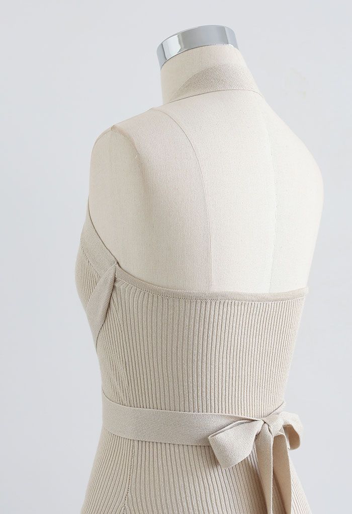 Halter Neck Bodycon Knit Dress with Sweater Sleeve in Sand