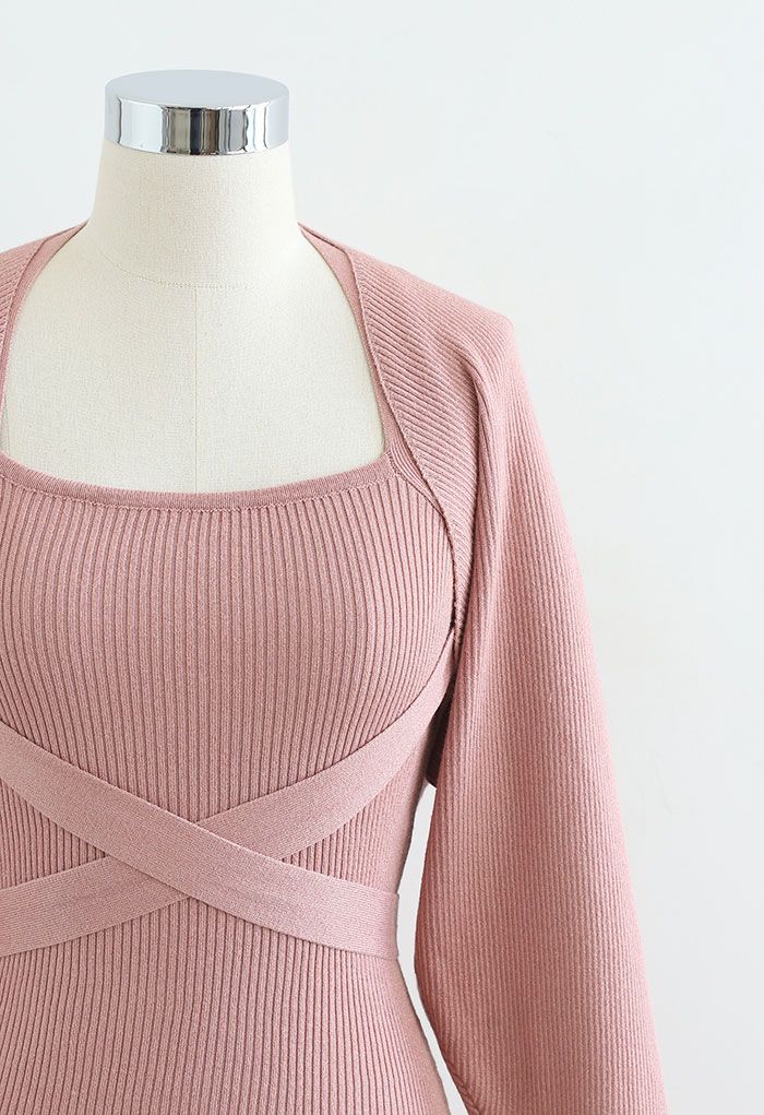 Halter Neck Bodycon Knit Dress with Sweater Sleeve in Pink