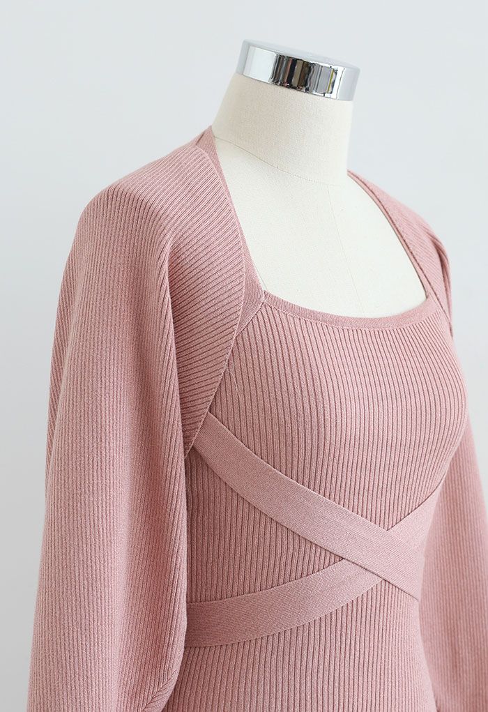 Halter Neck Bodycon Knit Dress with Sweater Sleeve in Pink