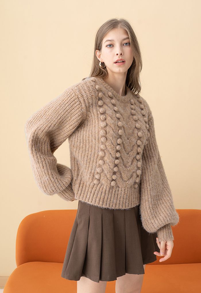 Fuzzy Pom-Pom Ribbed Mix-Knit Sweater in Brown