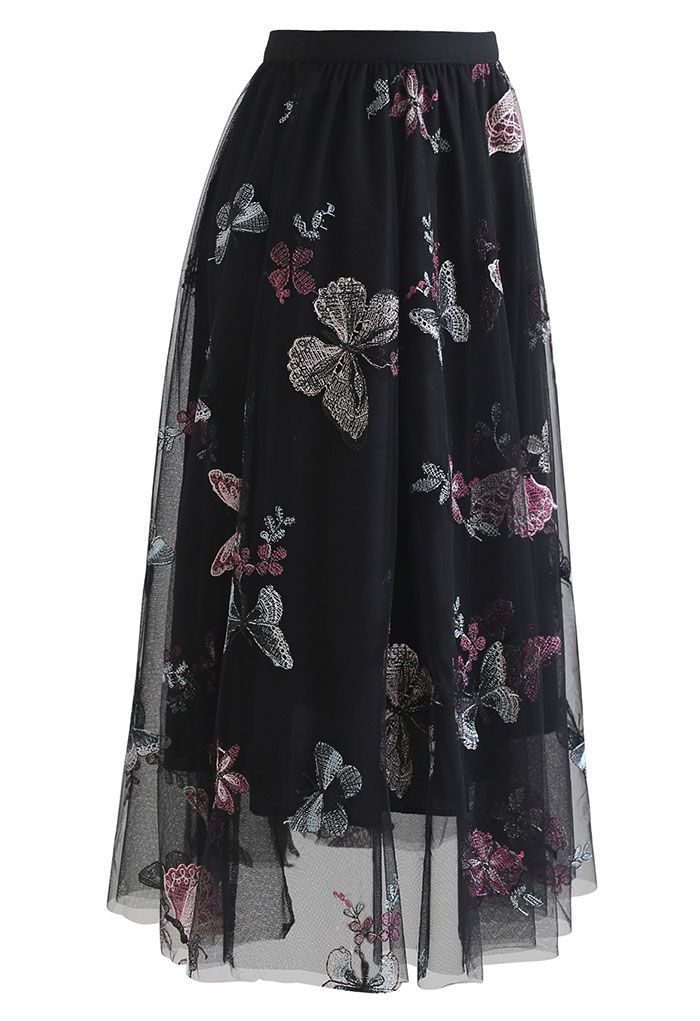 Black Butterfly Embroidered Double-Layered Mesh Skirt