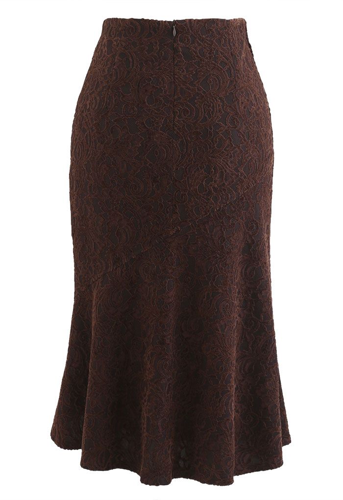 Baroque Velvet Lace Flared Pencil Skirt in Brown