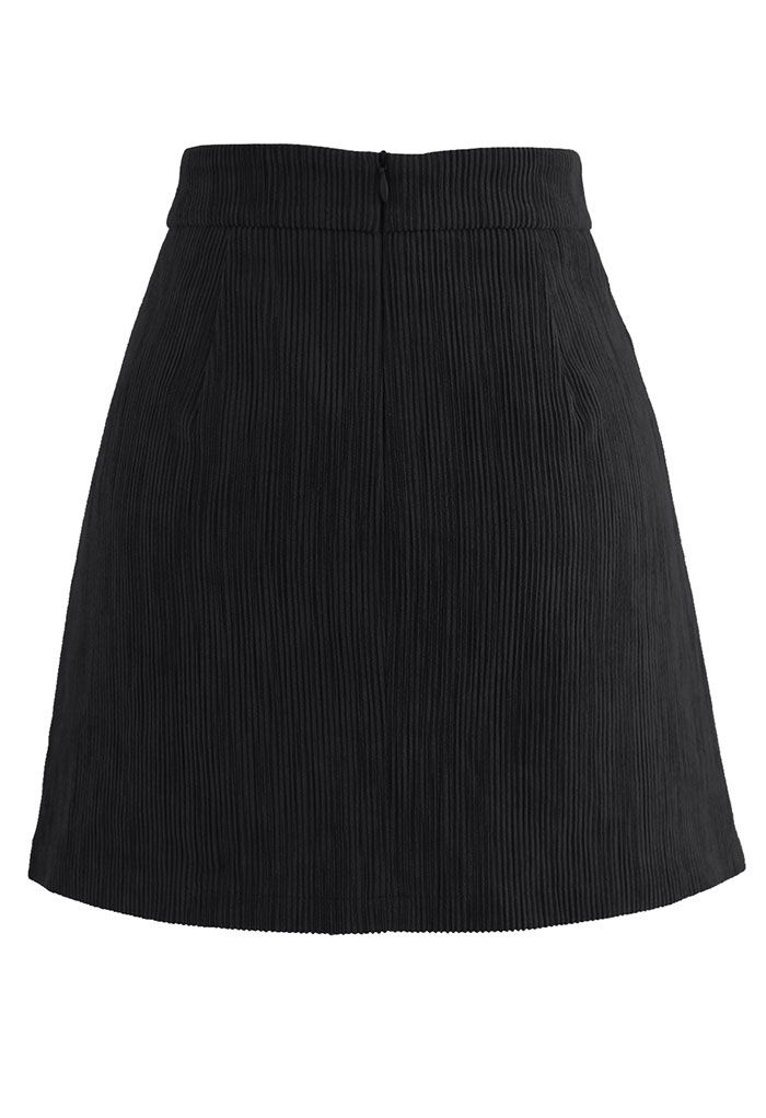 Button Decorated Corduroy Mini Bud Skirt in Black