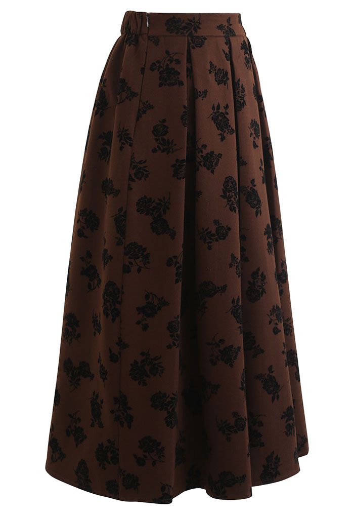 Posy Print Pleated Midi Skirt in Brown