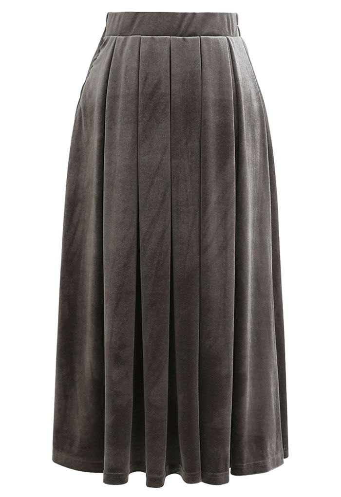 Velvet Sheen Pleated Midi Skirt in Grey