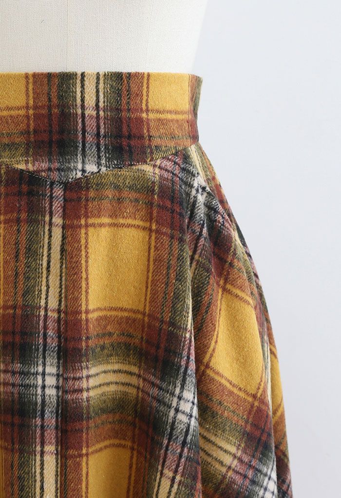 彩色格紋羊毛混紡A字半身裙--芥末黃
