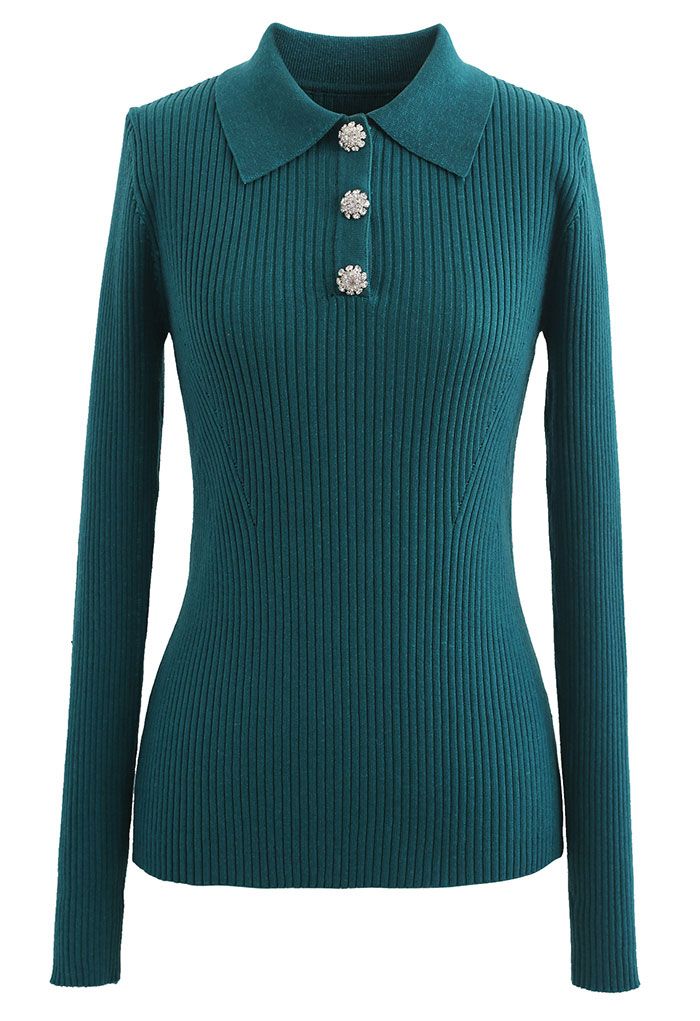 Brooch Button Collared Fitted Knit Top in Dark Green