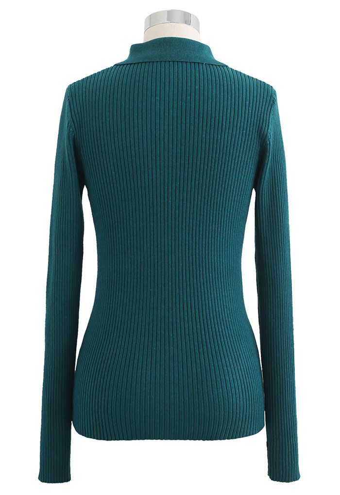 Brooch Button Collared Fitted Knit Top in Dark Green