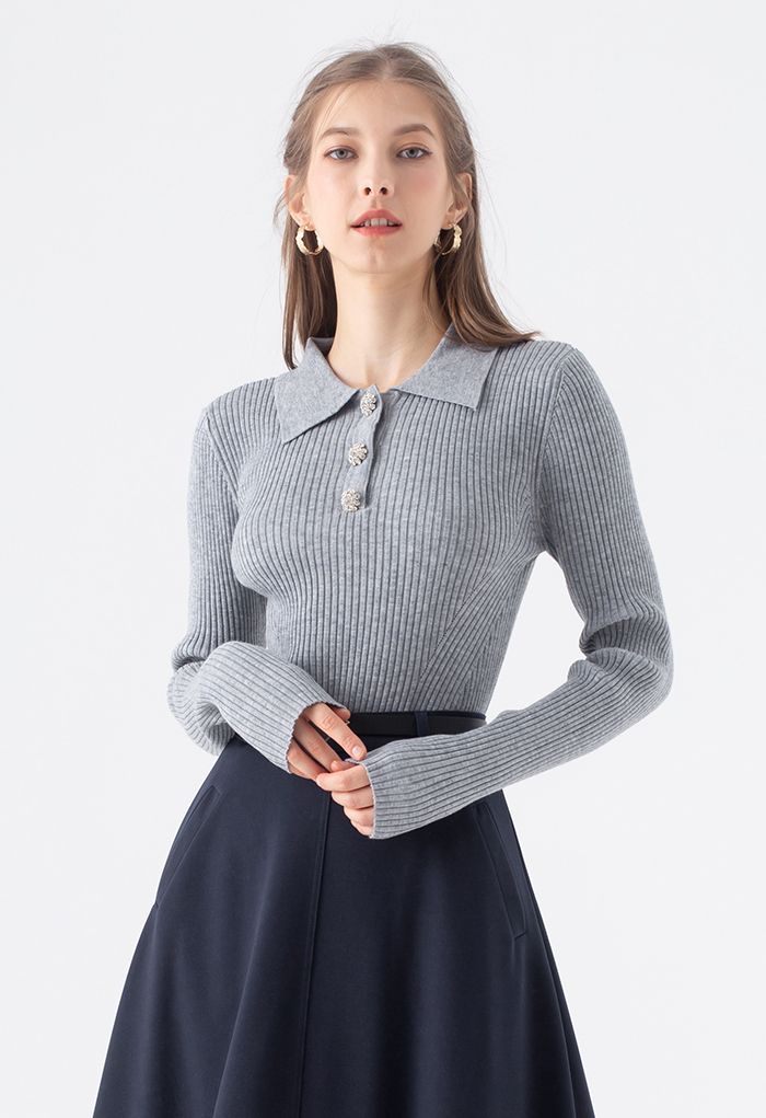 Brooch Button Collared Fitted Knit Top in Grey