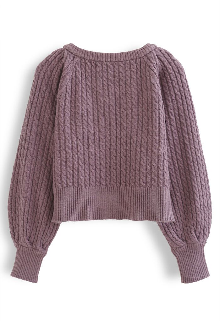 Braid Knit Button Down Crop Cardigan in Purple