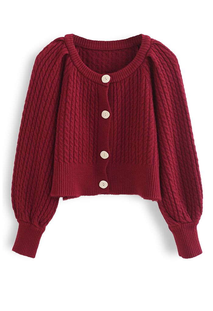 Braid Knit Button Down Crop Cardigan in Red