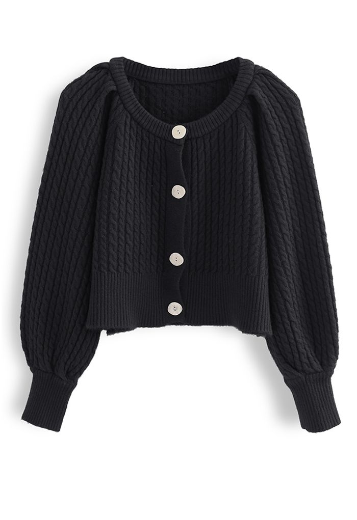 Braid Knit Button Down Crop Cardigan in Black