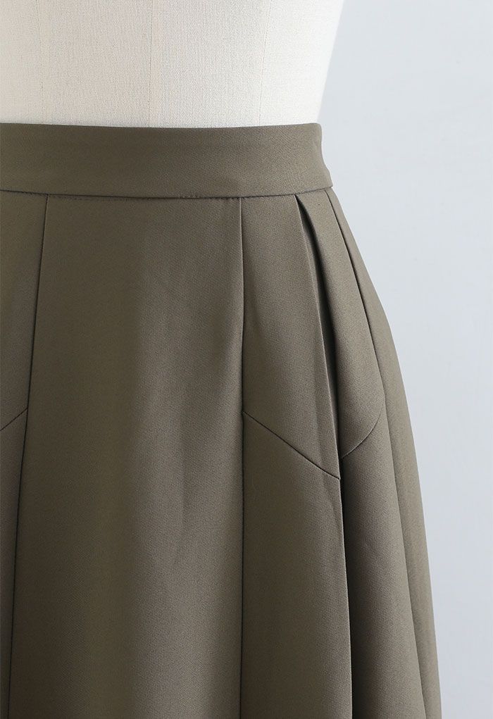 Functional A-Line Pleated Midi Skirt in Khaki