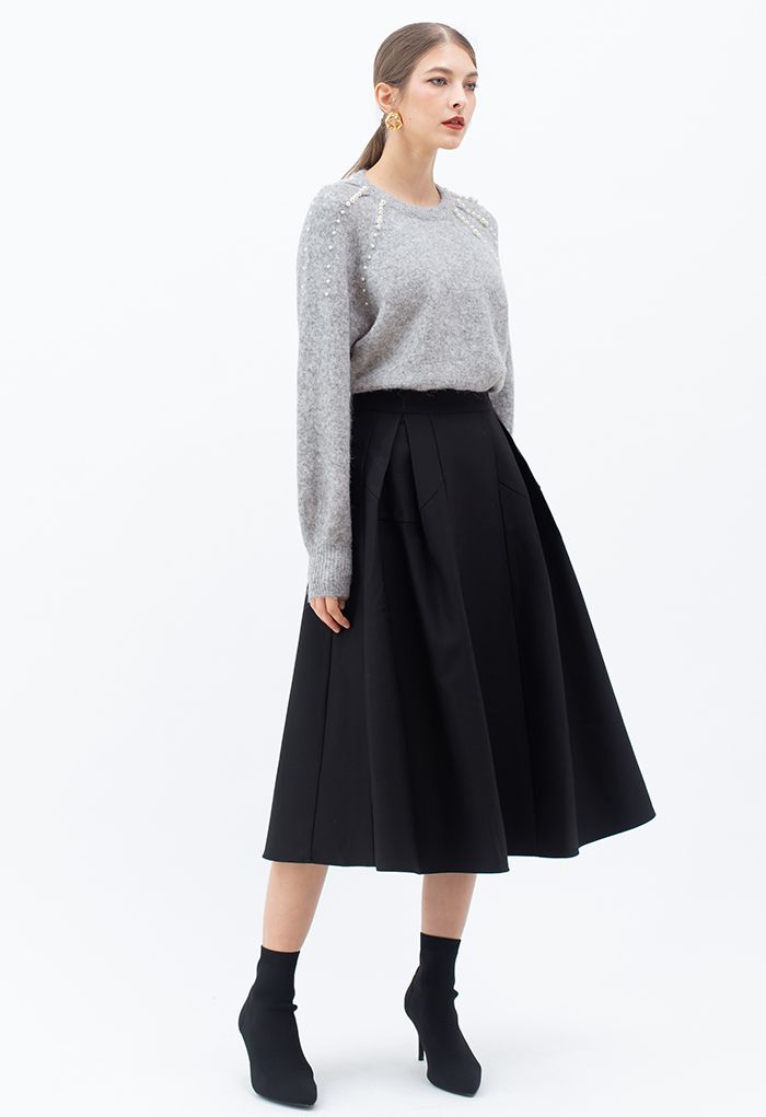 Functional A-Line Pleated Midi Skirt in Black