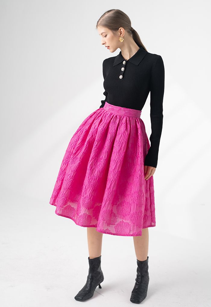 Ebullient Pink Embossed Floral Midi Skirt