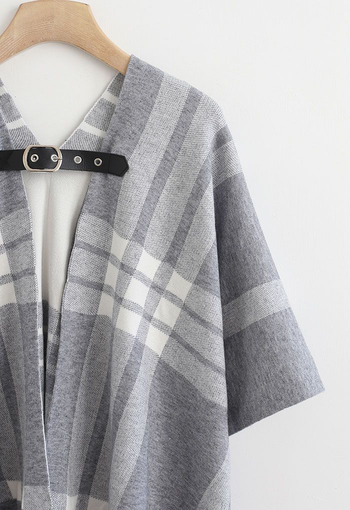 Belted Check Printed Tassel Poncho in Grey