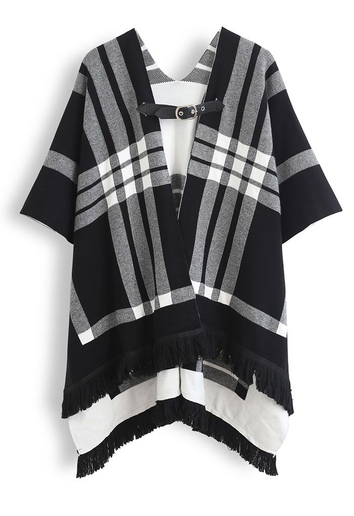 Belted Check Printed Tassel Poncho in Black