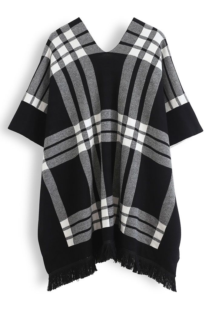 Belted Check Printed Tassel Poncho in Black