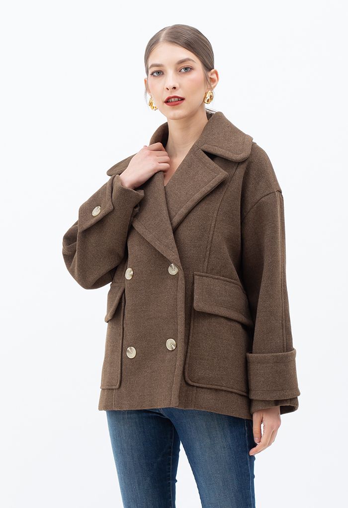Mild Wool-Blend Double-Breasted Coat in Brown