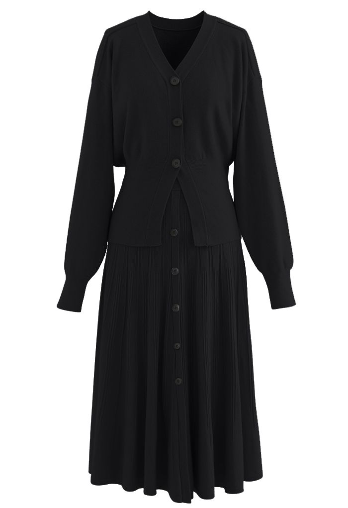 Comfy Versatile Knit Cardigan and Skirt Set in Black