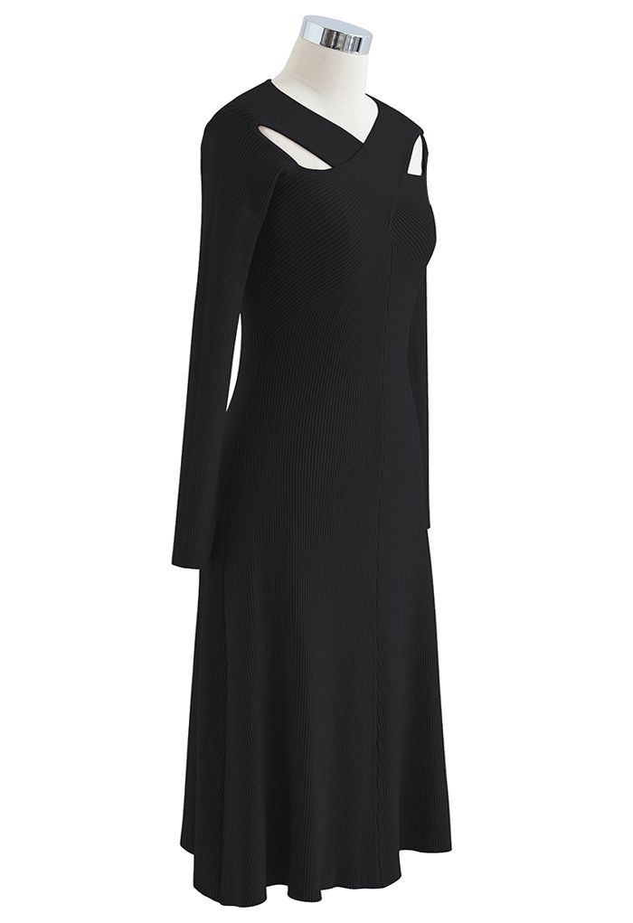 Cross Wrap Cutout Rib Knit Midi Dress in Black