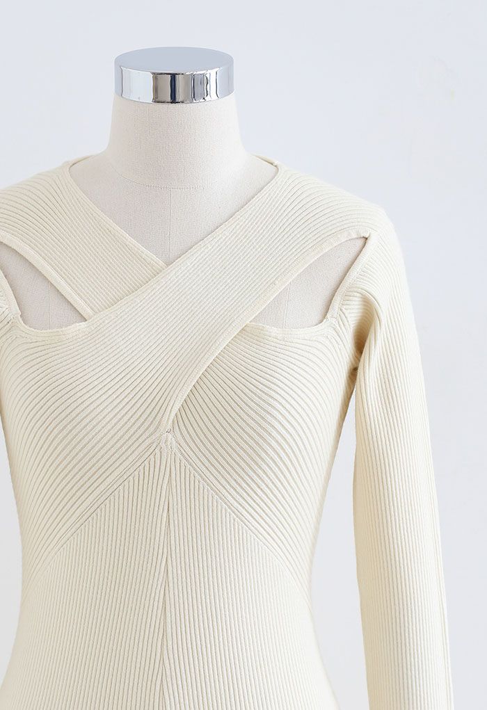 Cross Wrap Cutout Rib Knit Midi Dress in Cream