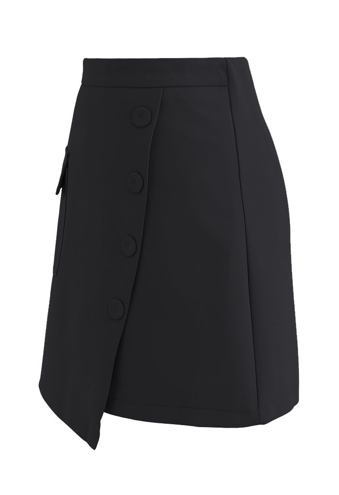 Buttoned Fake Pocket Flap Mini Skirt in Black