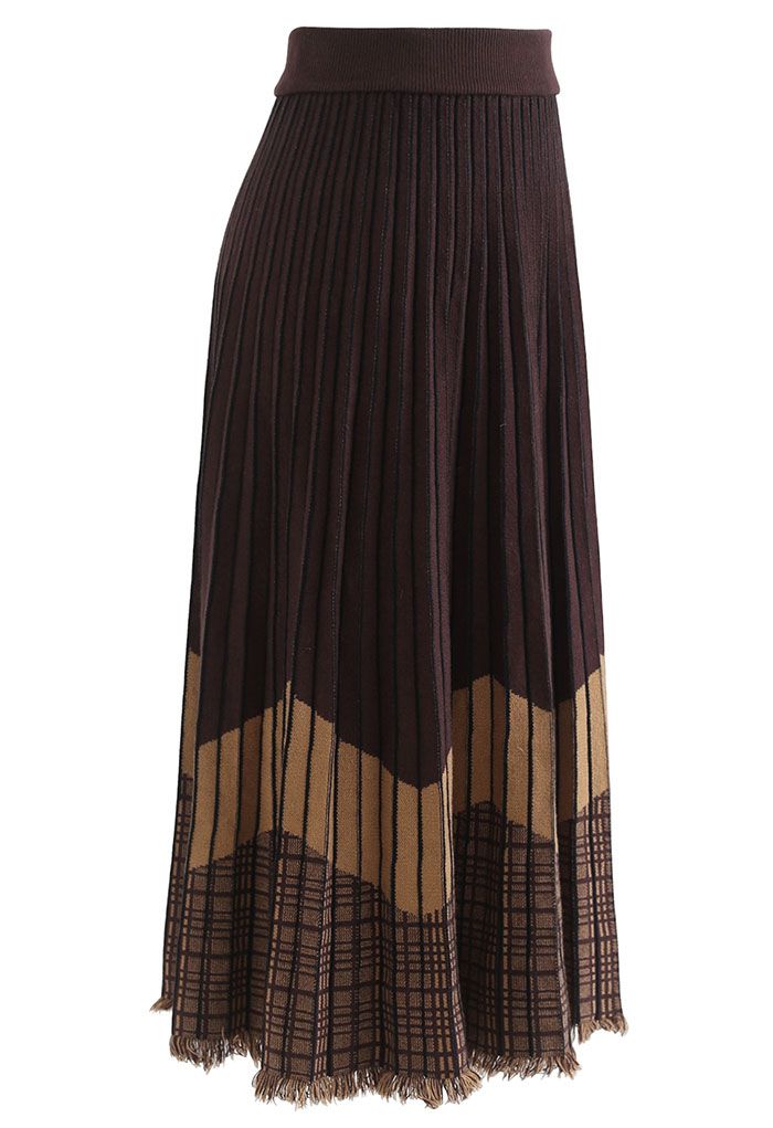 Tasseled Hem Contrast Blocked Pleated Knit Midi Skirt in Brown