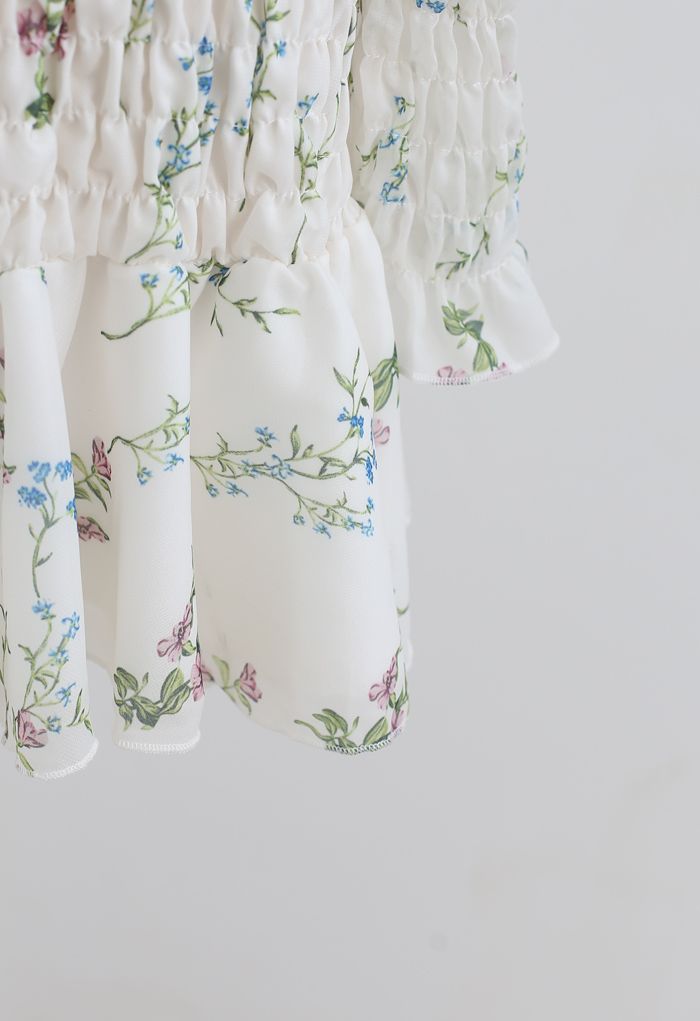 Bouquet Shirred Ruffle Mini Dress in White