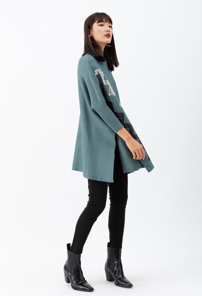 Zigzag Sequins Knit Cape Sweater in Teal